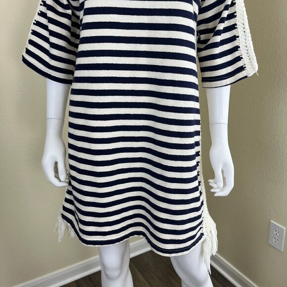 Pepin Women's Size M Breton Striped Crochet Shift Mini Dress Nautical Cotton - Picture 5 of 16
